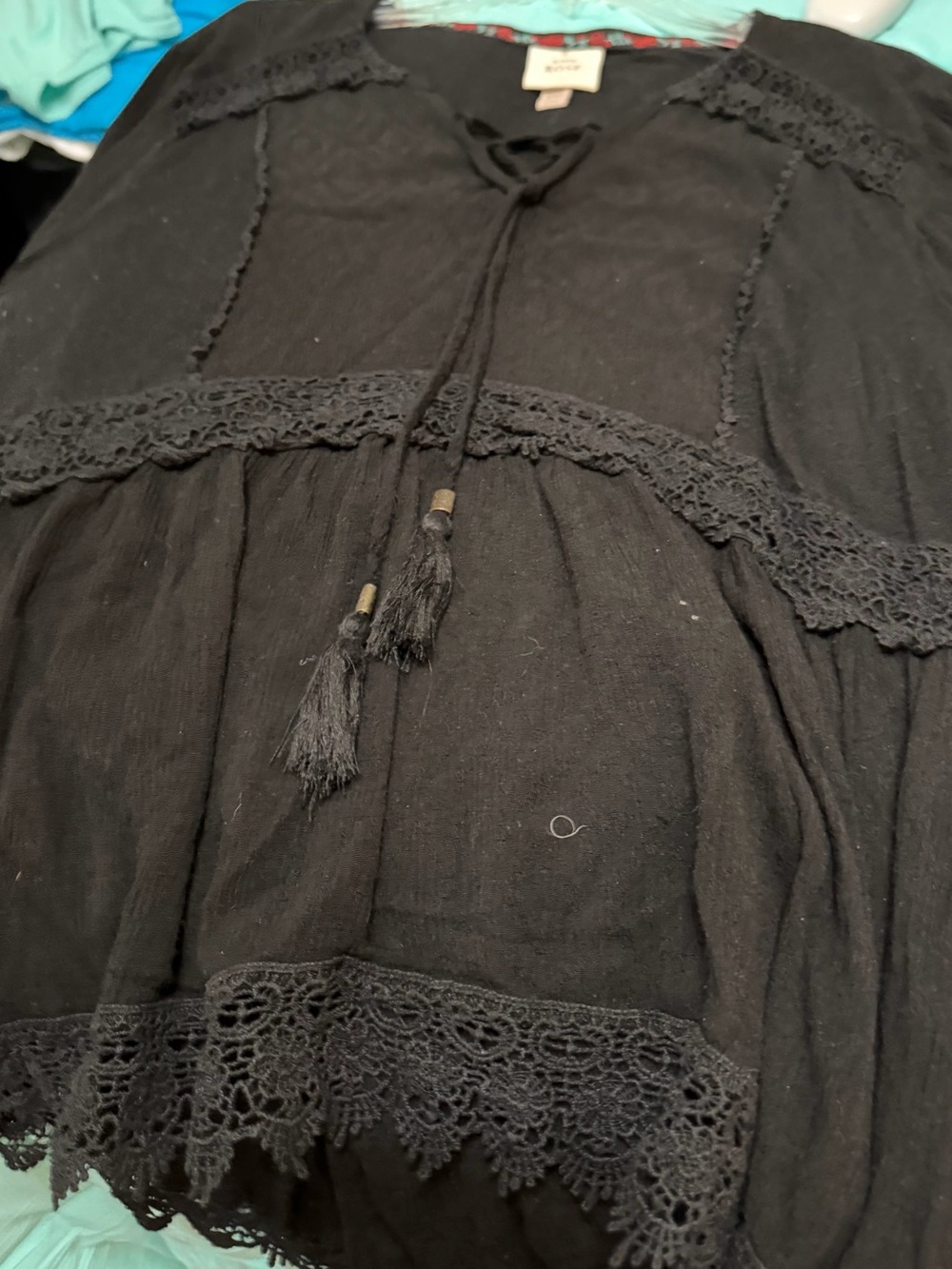 Knox Rose Black Lace-Trim Tie-Front Peasant Top